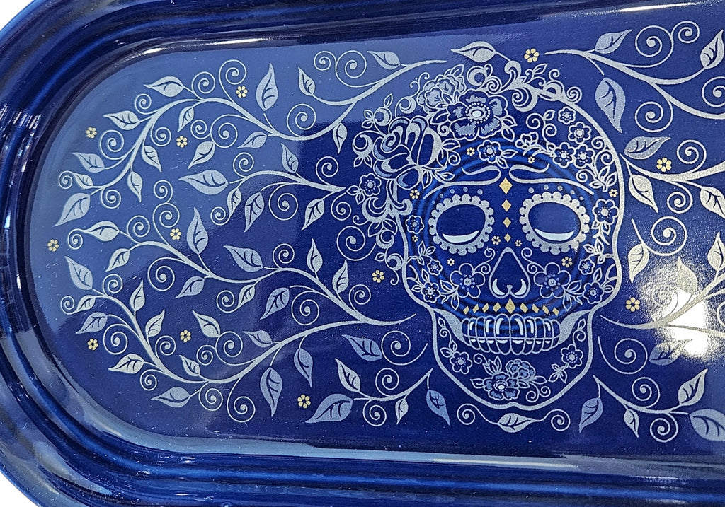 This is Fiesta fiestware Bread Tray featuring the Skull & Vine decal on twilight. Lead free, post 1986,  retired decal, retired color, Halloween
