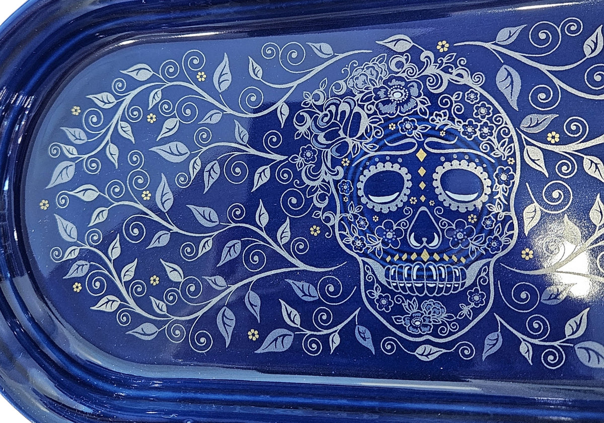 This is Fiesta fiestware Bread Tray featuring the Skull & Vine decal on twilight. Lead free, post 1986,  retired decal, retired color, Halloween
