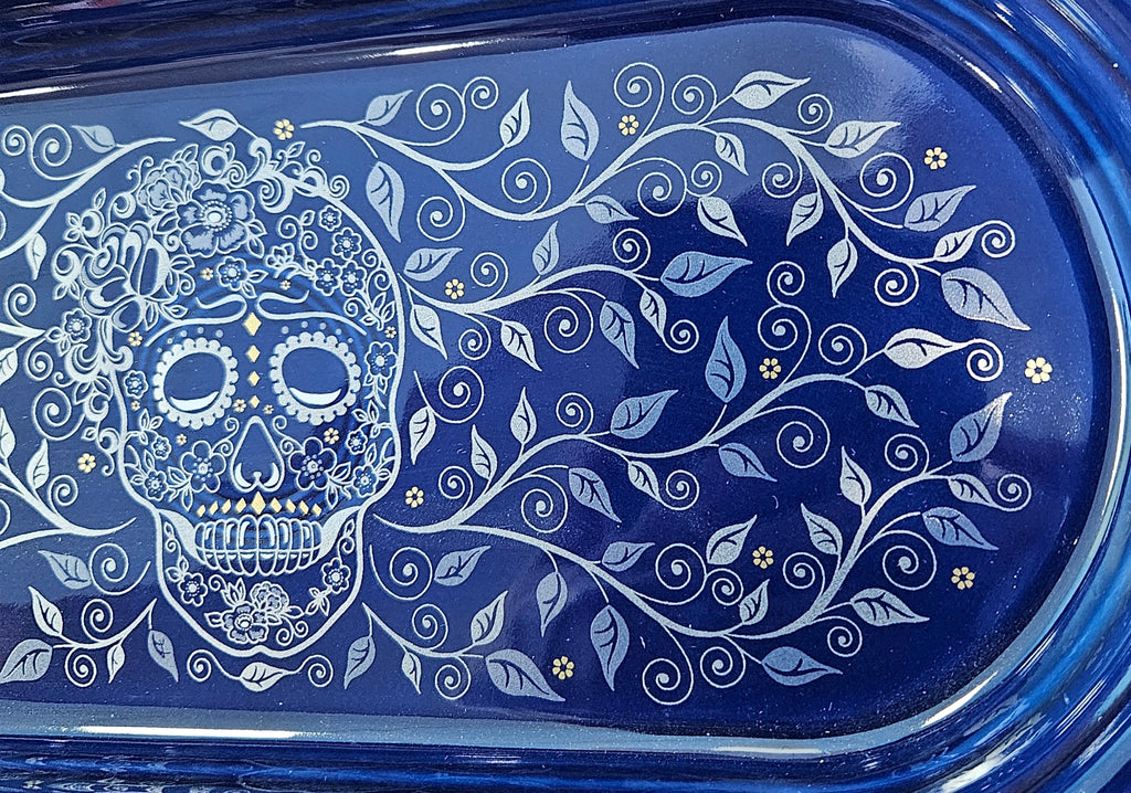 This is Fiesta fiestware Bread Tray featuring the Skull & Vine decal on twilight. Lead free, post 1986,  retired decal, retired color, Halloween
