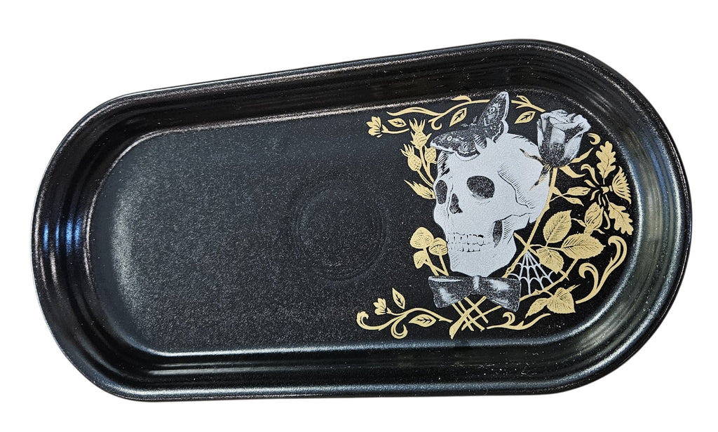 This is a Fiesta Fiestaware Bread Tray featuring the Gothic Victorian decal on Foundry/Black. lead-free, Post 1986, Retired Decal Limited Production Color Skull Halloween Rosebud Butterfly
