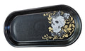 This is a Fiesta Fiestaware Bread Tray featuring the Gothic Victorian decal on Foundry/Black. lead-free, Post 1986, Retired Decal Limited Production Color Skull Halloween Rosebud Butterfly
