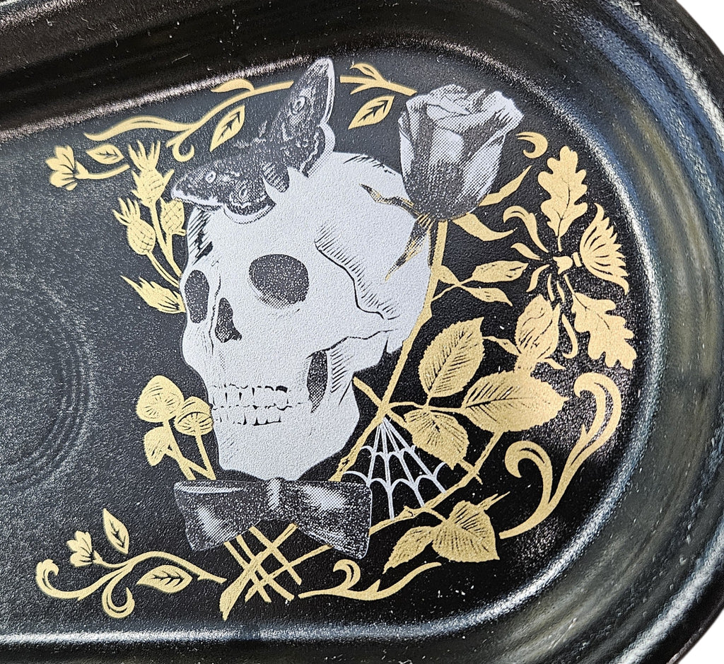 This is a Fiesta Fiestaware Bread Tray featuring the Gothic Victorian decal on Foundry/Black. lead-free, Post 1986, Retired Decal Limited Production Color Skull Halloween Rosebud Butterfly
