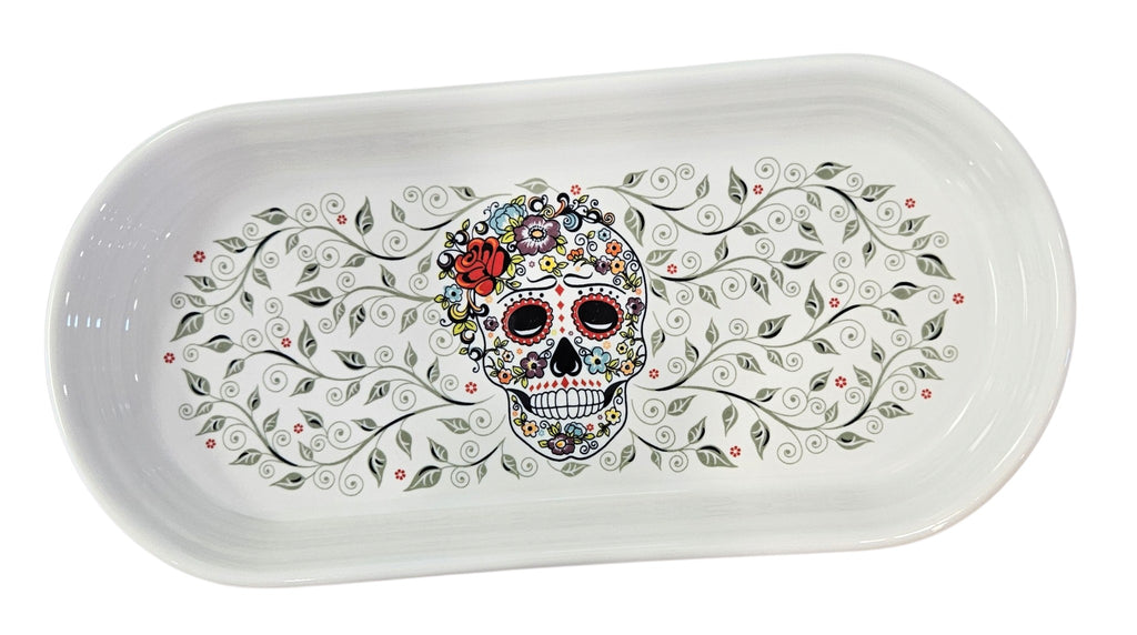 This is Fiesta fiestware Bread Tray featuring the Skull & Vine decal on white. Lead free, post 1986,  retired decal, Halloween
