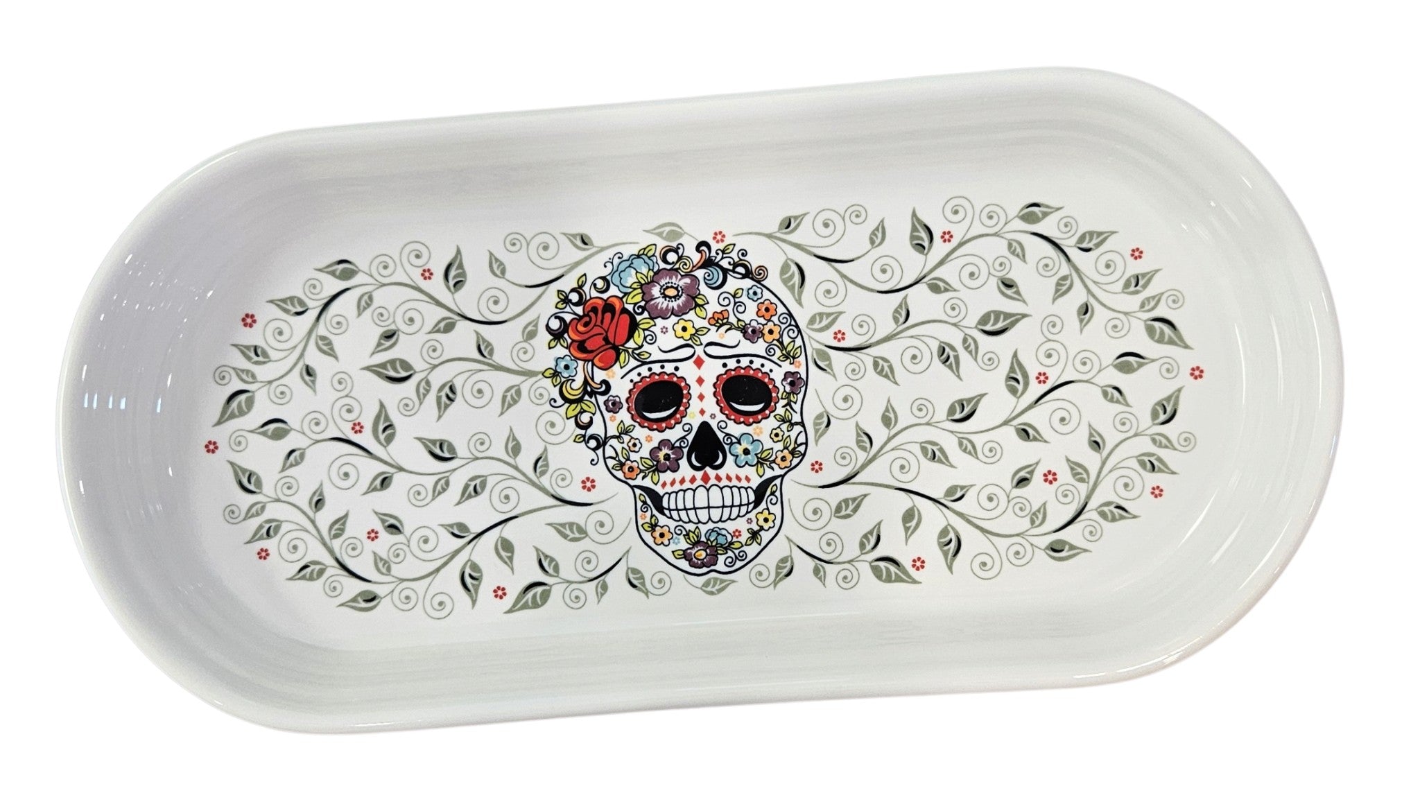 This is Fiesta fiestware Bread Tray featuring the Skull & Vine decal on white. Lead free, post 1986,  retired decal, Halloween

