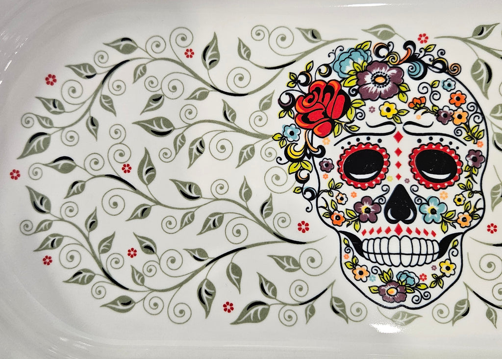 This is Fiesta fiestware Bread Tray featuring the Skull & Vine decal on white. Lead free, post 1986,  retired decal, Halloween
