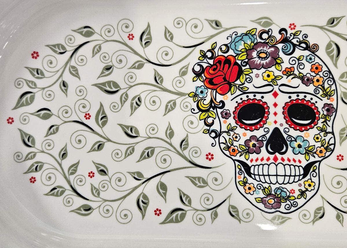 This is Fiesta fiestware Bread Tray featuring the Skull & Vine decal on white. Lead free, post 1986,  retired decal, Halloween
