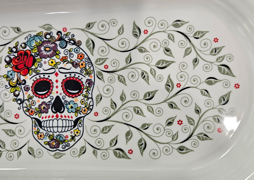 This is Fiesta fiestware Bread Tray featuring the Skull & Vine decal on white. Lead free, post 1986,  retired decal, Halloween
