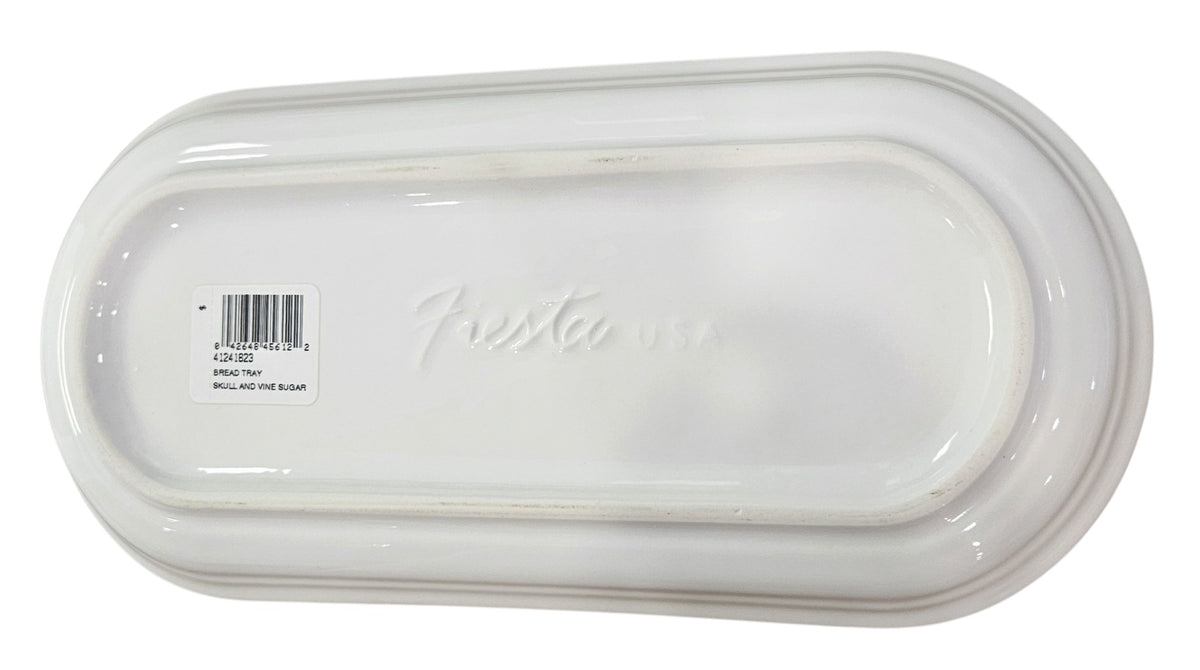 This is Fiesta fiestware Bread Tray featuring the Skull & Vine decal on white. Lead free, post 1986,  retired decal, Halloween
