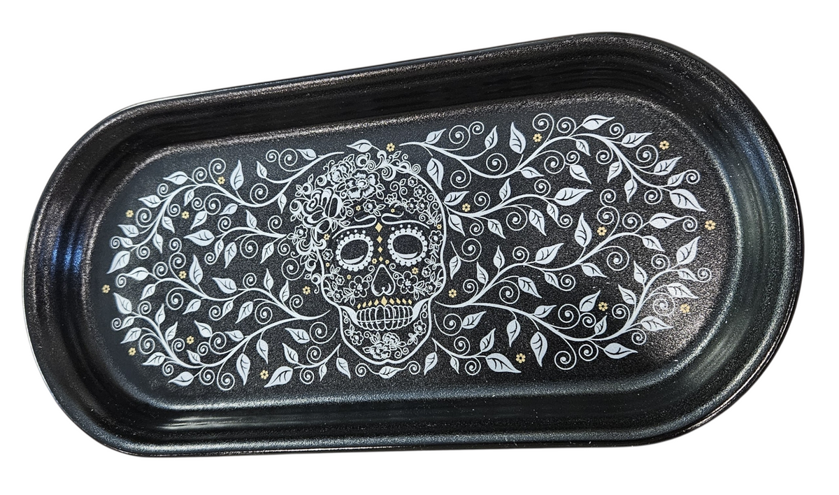 This is Fiesta fiestware Bread Tray featuring the Skull & Vine decal on black/foundry. Lead free, post 1986,  retired decal, limited production color, Halloween
