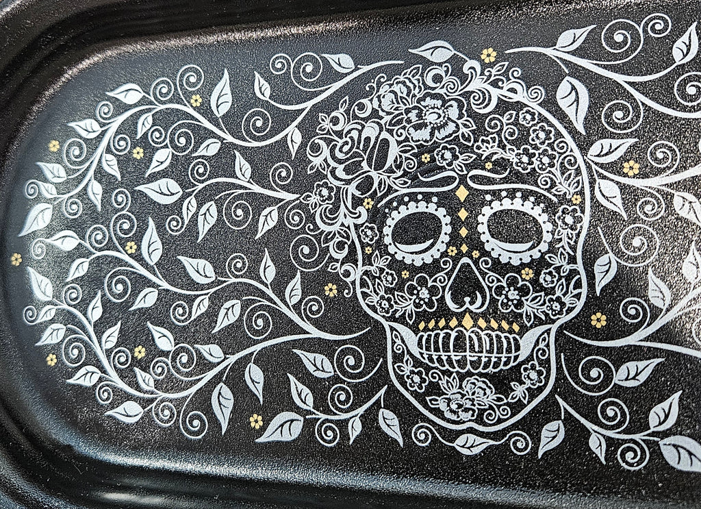 This is Fiesta fiestware Bread Tray featuring the Skull & Vine decal on black/foundry. Lead free, post 1986,  retired decal, limited production color, Halloween
