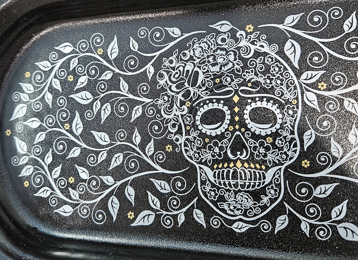 This is Fiesta fiestware Bread Tray featuring the Skull & Vine decal on black/foundry. Lead free, post 1986,  retired decal, limited production color, Halloween
