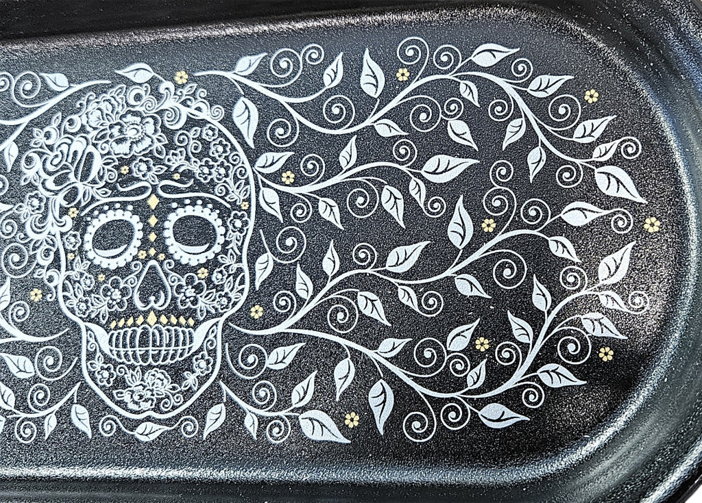 This is Fiesta fiestware Bread Tray featuring the Skull & Vine decal on black/foundry. Lead free, post 1986,  retired decal, limited production color, Halloween
