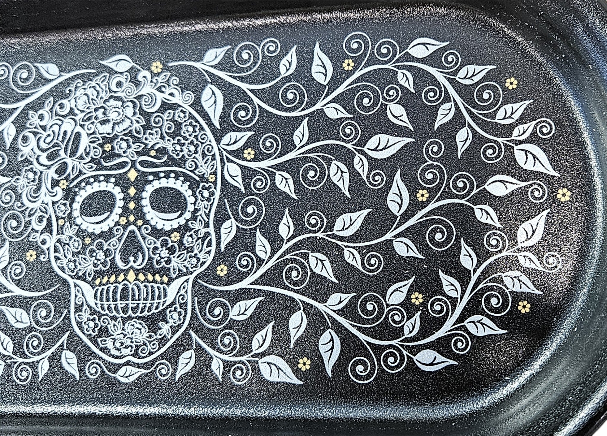 This is Fiesta fiestware Bread Tray featuring the Skull & Vine decal on black/foundry. Lead free, post 1986,  retired decal, limited production color, Halloween

