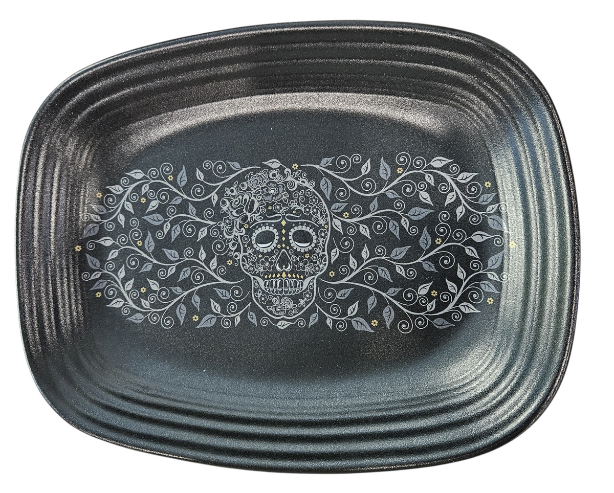 This is Fiesta fiestware Rectangular Platter featuring the Skull & Vine decal on black/foundry. Lead free, post 1986,  retired decal, limited production color, Halloween
