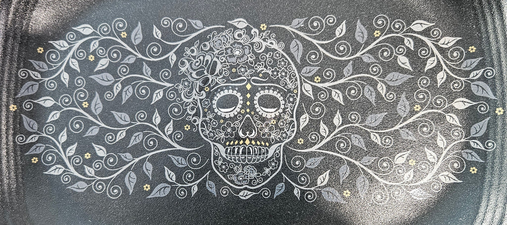 This is Fiesta fiestware Rectangular Platter featuring the Skull & Vine decal on black/foundry. Lead free, post 1986,  retired decal, limited production color, Halloween
