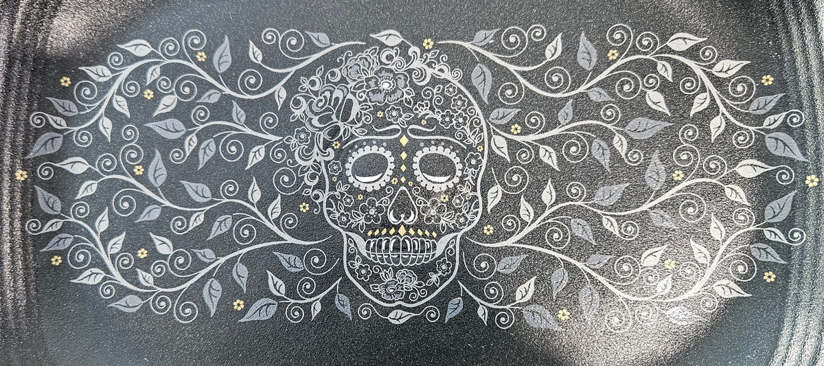 This is Fiesta fiestware Rectangular Platter featuring the Skull & Vine decal on black/foundry. Lead free, post 1986,  retired decal, limited production color, Halloween
