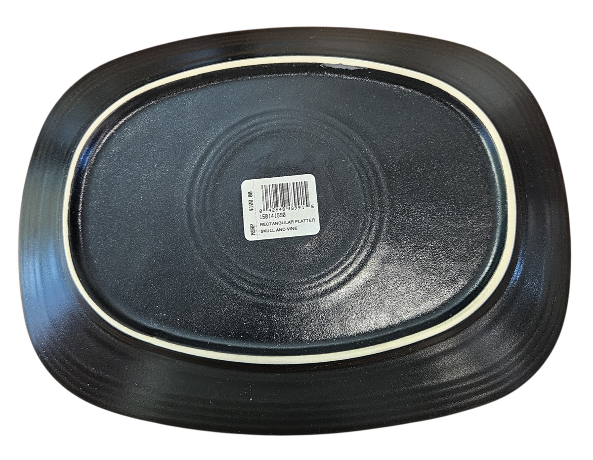 This is Fiesta fiestware Rectangular Platter featuring the Skull & Vine decal on black/foundry. Lead free, post 1986,  retired decal, limited production color, Halloween
