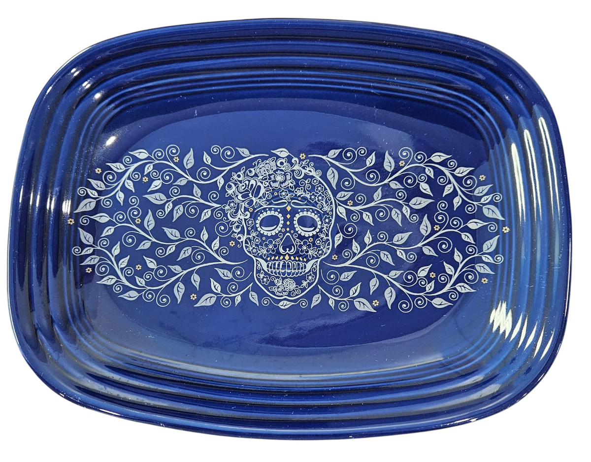 This is Fiesta fiestware Rectangular Platter featuring the Skull & Vine decal on twilight. Lead free, post 1986,  retired decal, retired color, Halloween
