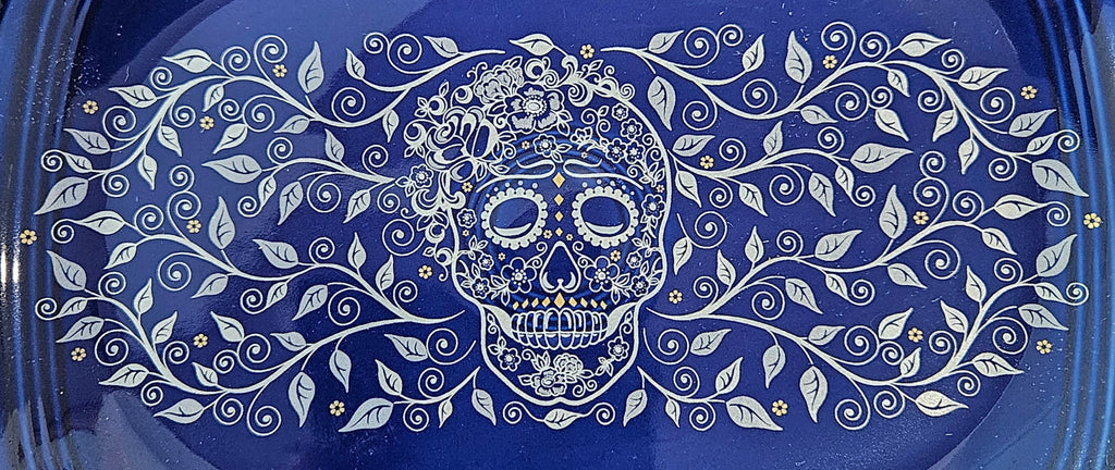This is Fiesta fiestware Rectangular Platter featuring the Skull & Vine decal on twilight. Lead free, post 1986,  retired decal, retired color, Halloween
