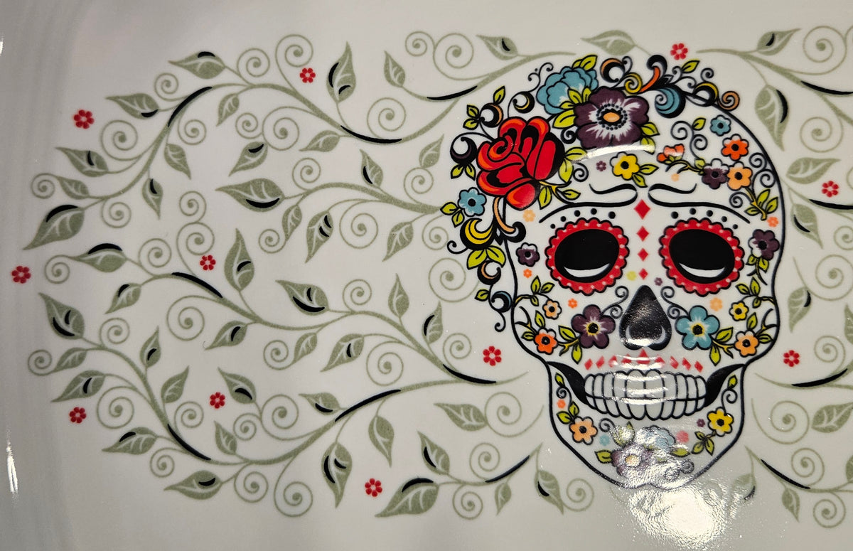 This is Fiesta fiestware Rectangular Platter featuring the Skull & Vine decal on white. Lead free, post 1986,  retired decal, Halloween
