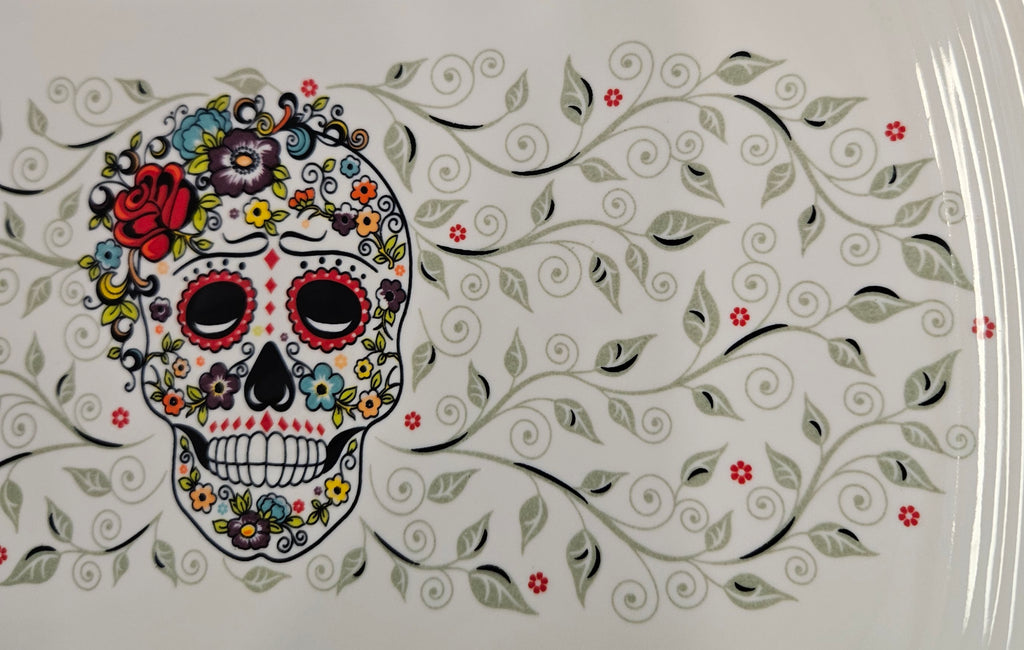 This is Fiesta fiestware Rectangular Platter featuring the Skull & Vine decal on white. Lead free, post 1986,  retired decal, Halloween
