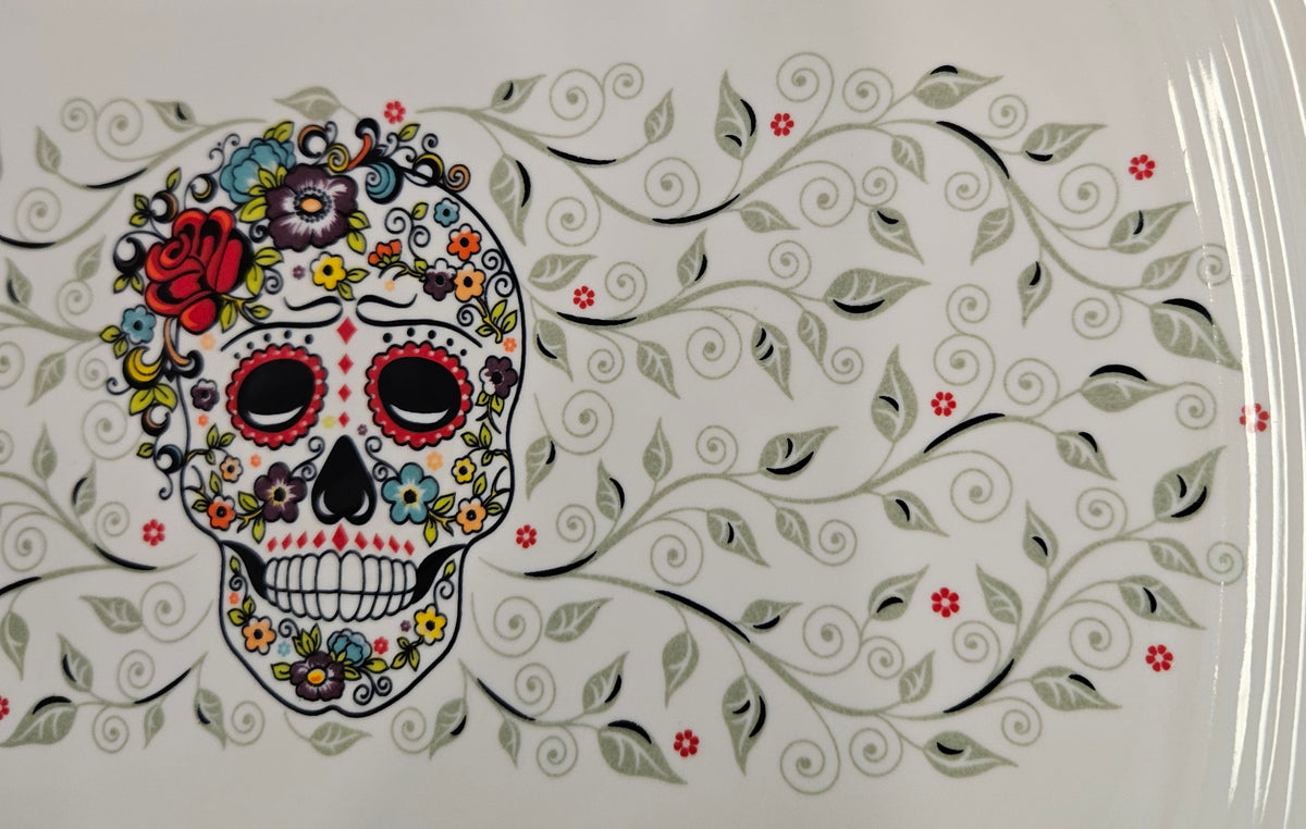This is Fiesta fiestware Rectangular Platter featuring the Skull & Vine decal on white. Lead free, post 1986,  retired decal, Halloween
