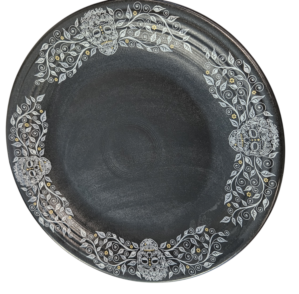 This is Fiesta fiestware Classic Chop Plate featuring the Skull & Vine border decal on black/foundry. Lead free, post 1986,  retired decal, limited production color, Halloween
