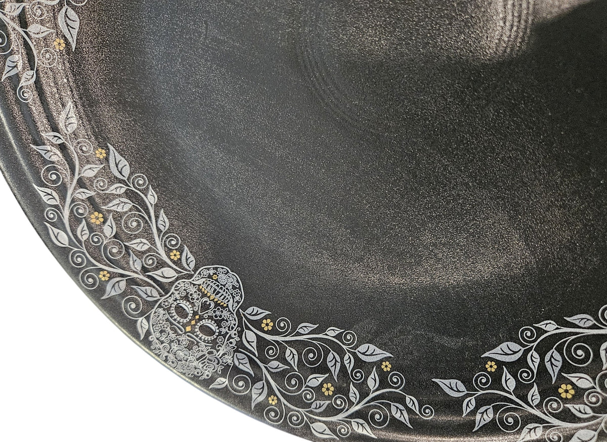This is Fiesta fiestware Classic Chop Plate featuring the Skull & Vine border decal on black/foundry. Lead free, post 1986,  retired decal, limited production color, Halloween
