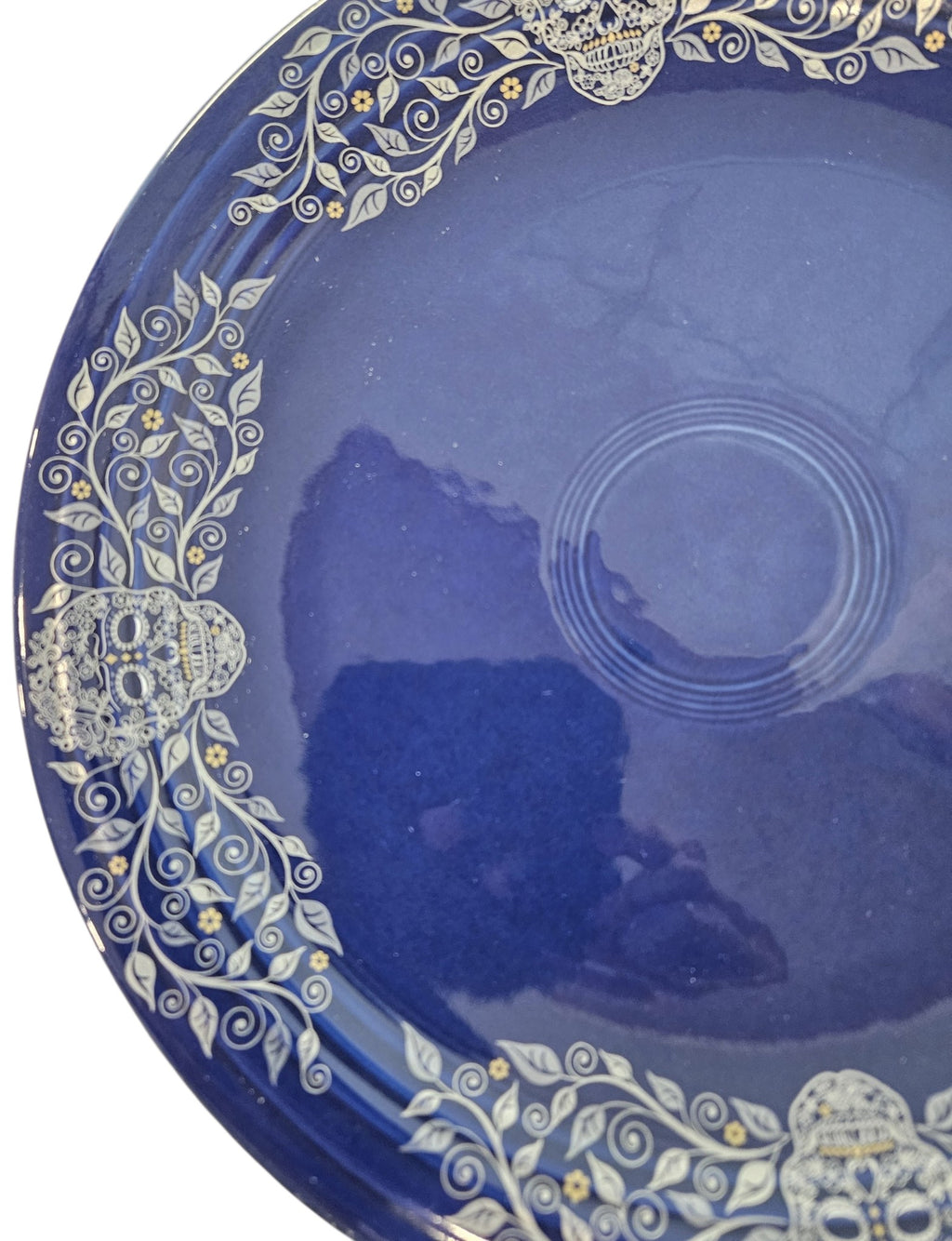 This is Fiesta fiestware Classic Chop Plate featuring the Skull & Vine border decal on twilight. Lead free, post 1986,  retired decal, retired color, Halloween
