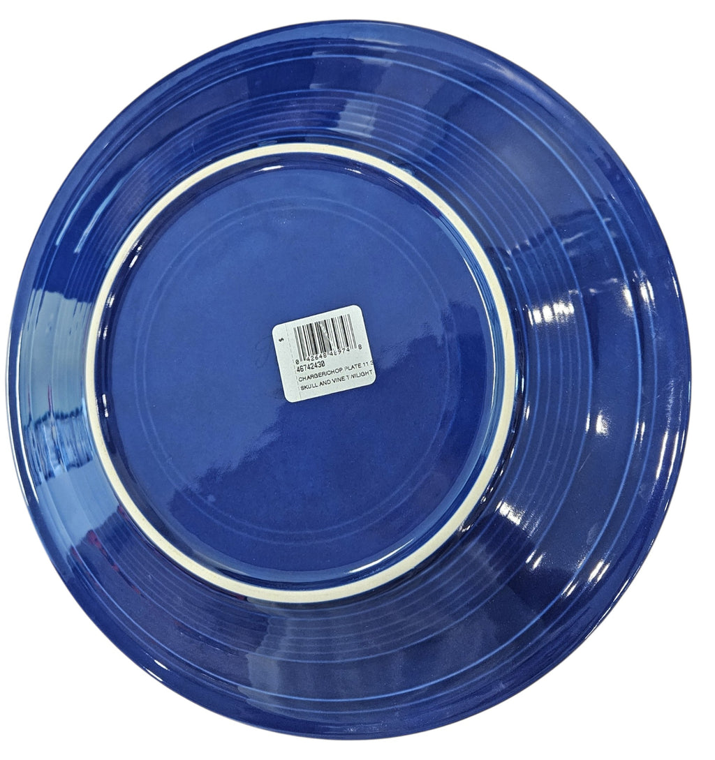 This is Fiesta fiestware Classic Chop Plate featuring the Skull & Vine border decal on twilight. Lead free, post 1986,  retired decal, retired color, Halloween
