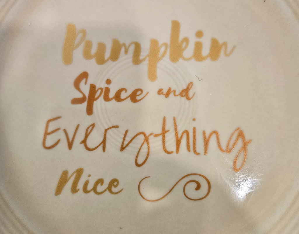 This is a Fiesta fiestaware Classic Luncheon Plate featuring the Pumpkin Spice and Everything Nice decal on Ivory. Lead free, Post 1986 Retired Decal, Retired Color, Fall, Pumpkin, Thanksgiving
