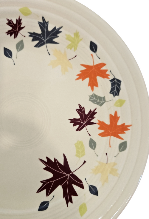 This is a Fiesta fiestaware Classic Luncheon Plate featuring Belk's exclusive Autumn Leaves decal on ivory. Lead free, Post 1986 Retired Decal, Retired Color, Fall, Thanksgiving
