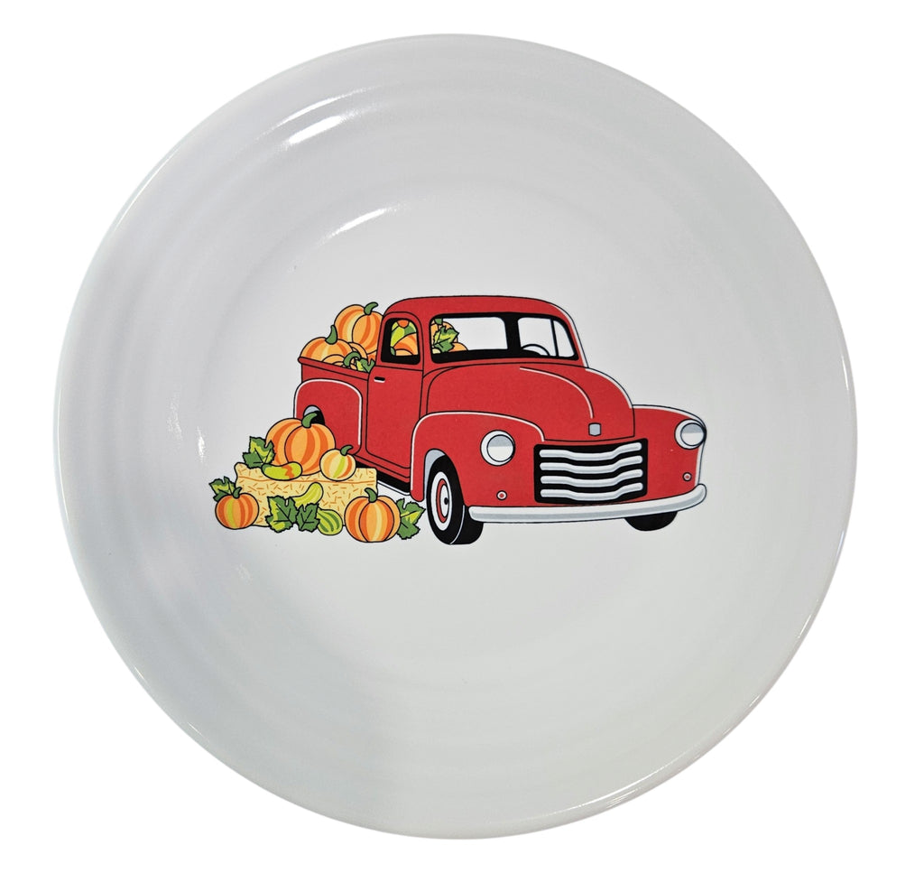 This is a Fiesta fiestaware Classic Luncheon Plate featuring the Belk Exclusive Autumn Farm Truck decal on white. Lead free, post 1986,  retired decal, Halloween, Fall, Pumpkin, Thanksgiving

