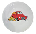 This is a Fiesta fiestaware Classic Luncheon Plate featuring the Belk Exclusive Autumn Farm Truck decal on white. Lead free, post 1986,  retired decal, Halloween, Fall, Pumpkin, Thanksgiving
