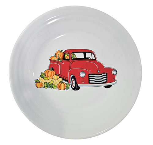 This is a Fiesta fiestaware Classic Luncheon Plate featuring the Belk Exclusive Autumn Farm Truck decal on white. Lead free, post 1986,  retired decal, Halloween, Fall, Pumpkin, Thanksgiving
