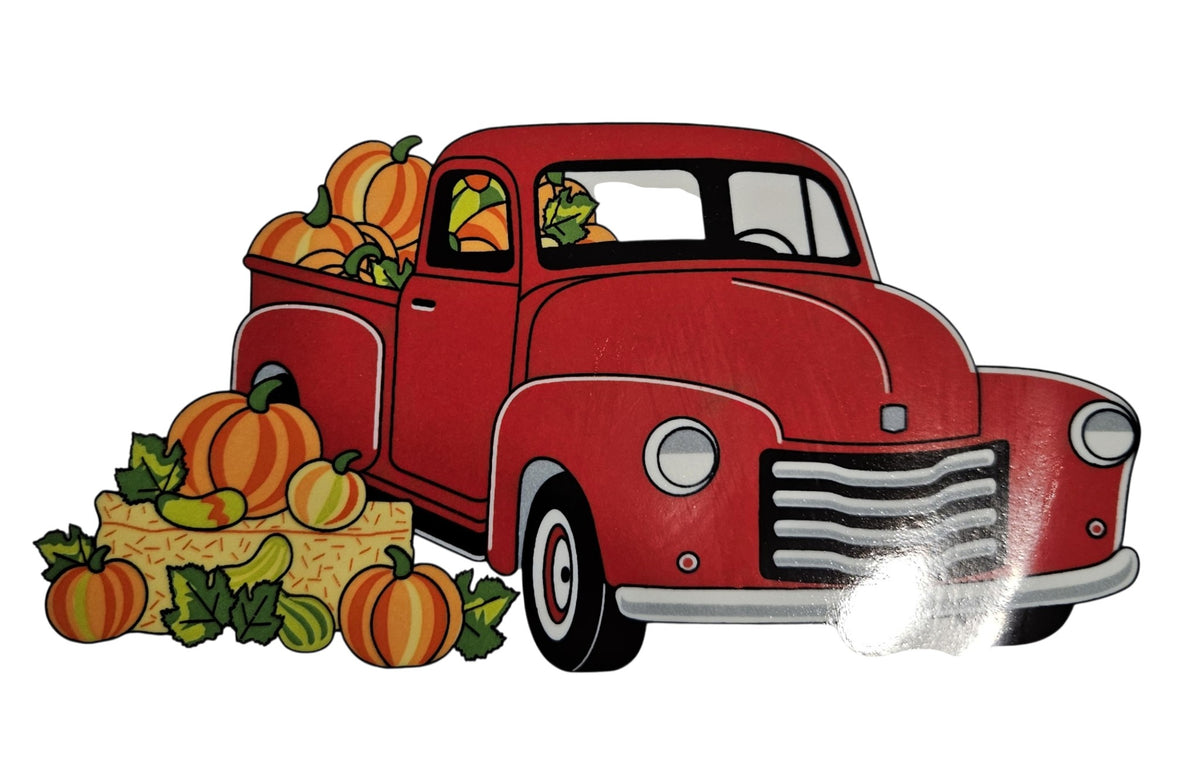 This is a Fiesta fiestaware Classic Luncheon Plate featuring the Belk Exclusive Autumn Farm Truck decal on white. Lead free, post 1986,  retired decal, Halloween, Fall, Pumpkin, Thanksgiving
