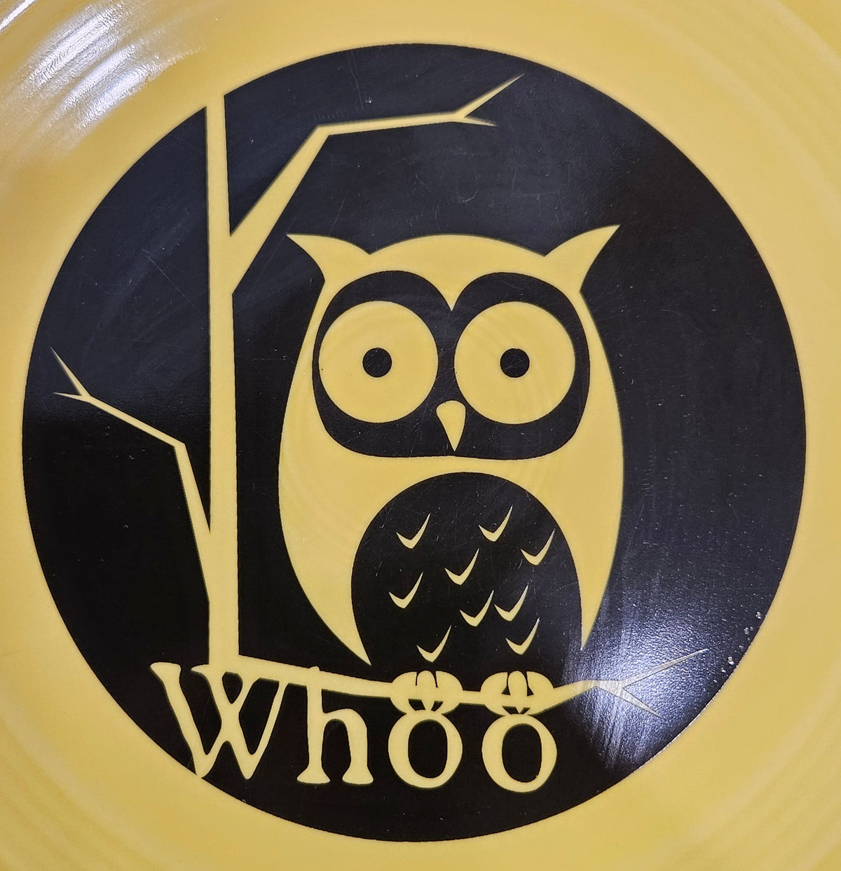 This is a Fiesta fiestaware Classic Luncheon Plate featuring the Whoo Owl decal on sunflower. Lead free, Post 1986, Halloween, Retired Color, Retired Decal.

