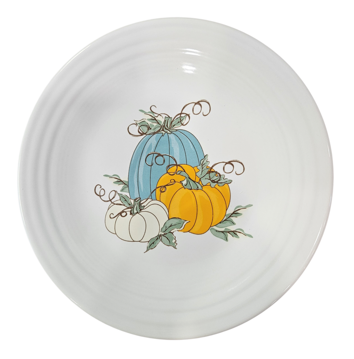 This is a Fiesta fiestaware Classic Luncheon Plate featuring the Belk Exclusive Pumpkin Trio decal on white. Lead free, post 1986,  retired decal, Halloween, Fall, Pumpkin, Thanksgiving
