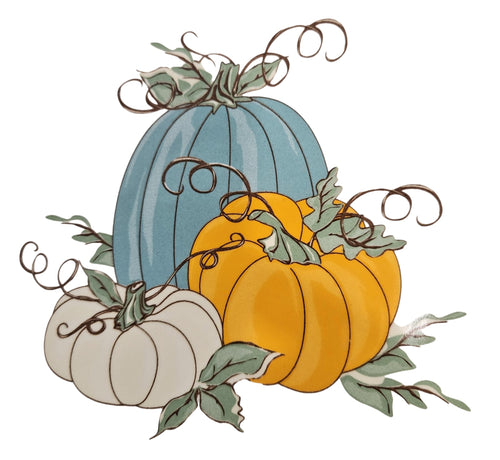 This is a Fiesta fiestaware Classic Luncheon Plate featuring the Belk Exclusive Pumpkin Trio decal on white. Lead free, post 1986,  retired decal, Halloween, Fall, Pumpkin, Thanksgiving
