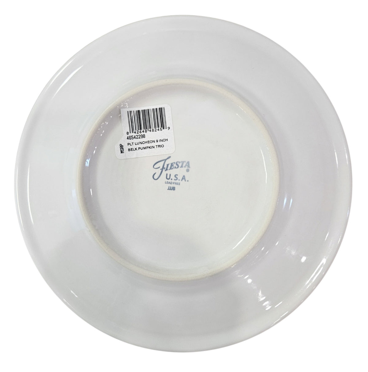 This is a Fiesta fiestaware Classic Luncheon Plate featuring the Belk Exclusive Pumpkin Trio decal on white. Lead free, post 1986,  retired decal, Halloween, Fall, Pumpkin, Thanksgiving
