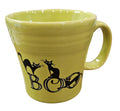This is a Fiesta fiestaware Tapered Mug featuring the Trio of Boo Cats decal on Lemongrass. Lead free, Post 1986 retired decal, retired color, Halloween
