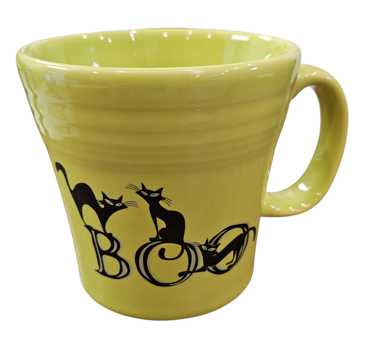 This is a Fiesta fiestaware Tapered Mug featuring the Trio of Boo Cats decal on Lemongrass. Lead free, Post 1986 retired decal, retired color, Halloween
