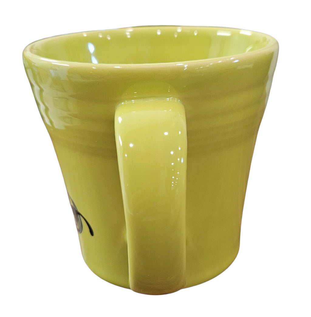 This is a Fiesta fiestaware Tapered Mug featuring the Trio of Boo Cats decal on Lemongrass. Lead free, Post 1986 retired decal, retired color, Halloween
