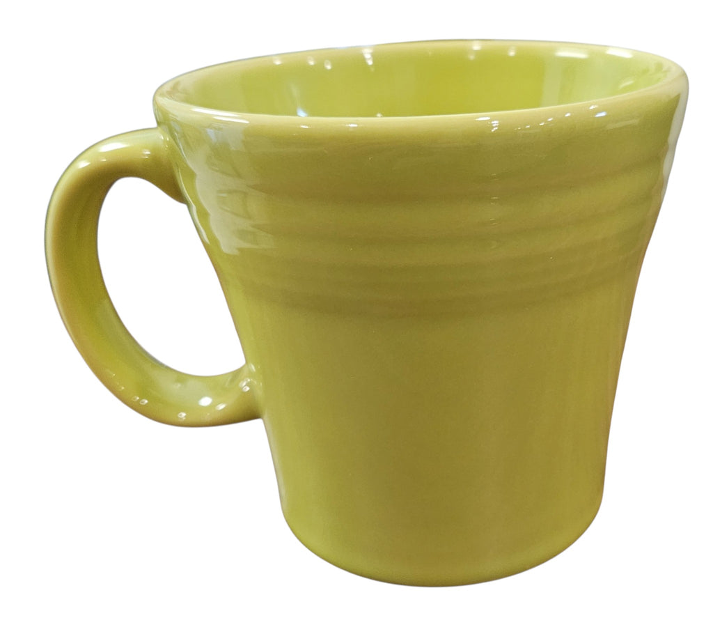 This is a Fiesta fiestaware Tapered Mug featuring the Trio of Boo Cats decal on Lemongrass. Lead free, Post 1986 retired decal, retired color, Halloween

