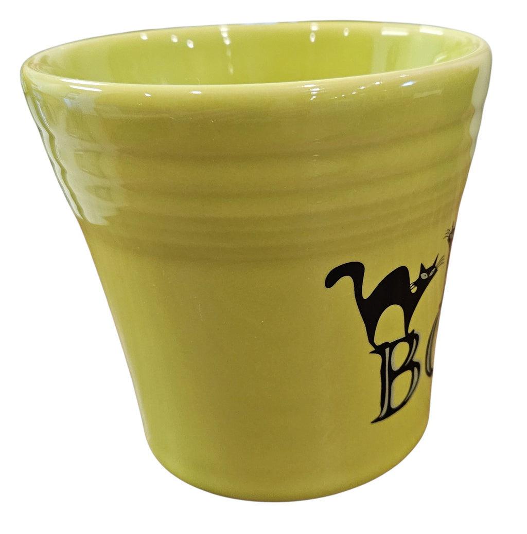 This is a Fiesta fiestaware Tapered Mug featuring the Trio of Boo Cats decal on Lemongrass. Lead free, Post 1986 retired decal, retired color, Halloween
