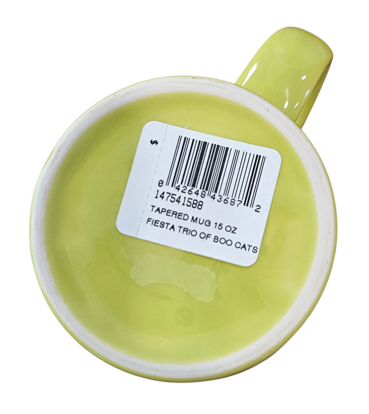 This is a Fiesta fiestaware Tapered Mug featuring the Trio of Boo Cats decal on Lemongrass. Lead free, Post 1986 retired decal, retired color, Halloween
