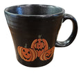 This is Fiesta fiestware Tapered Mug featuring the Trio of Happy Pumpkins decal on black/foundry. Lead free, post 1986, retired decal, limited production color, Halloween

