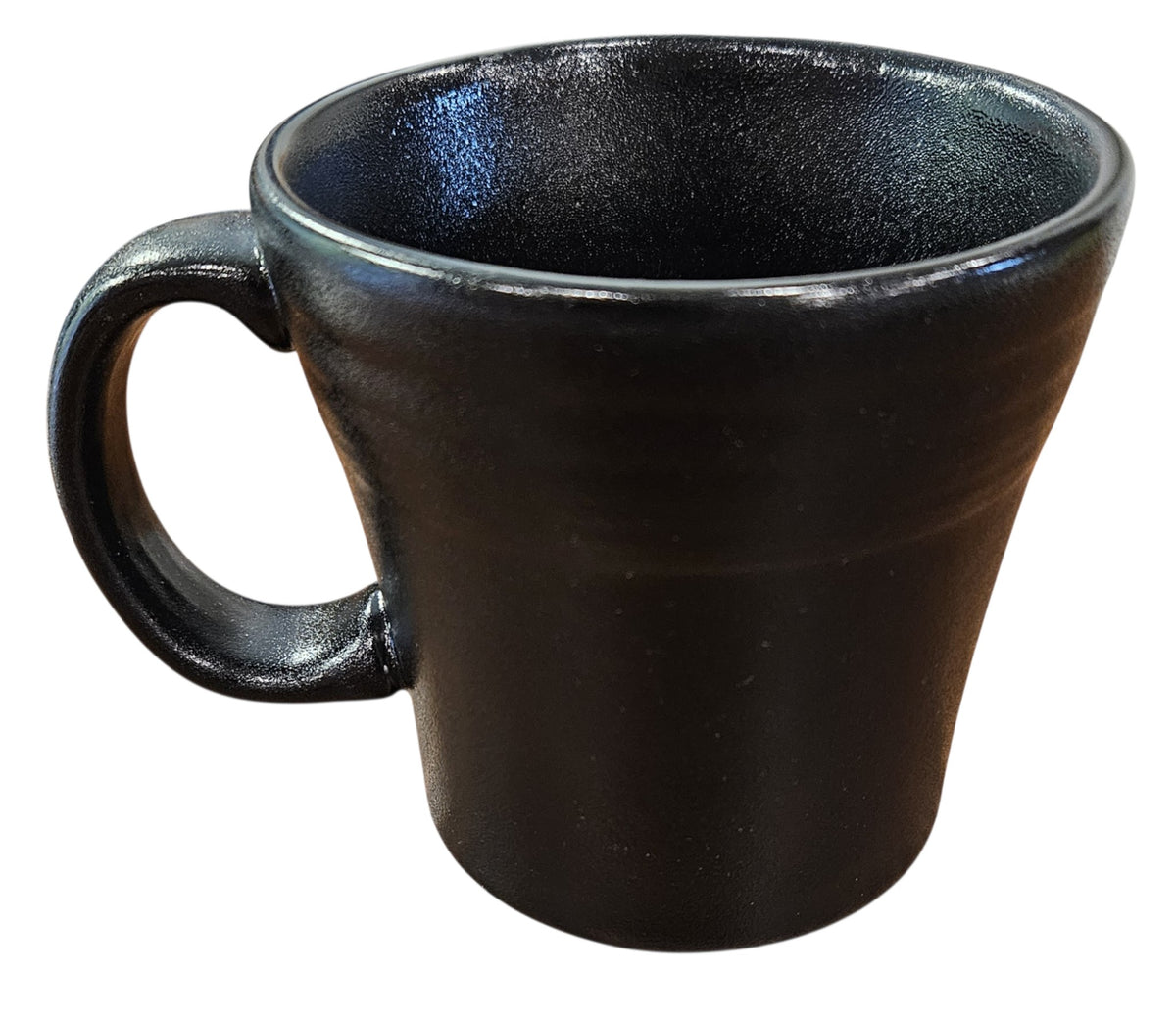 This is Fiesta fiestware Tapered Mug featuring the Trio of Happy Pumpkins decal on black/foundry. Lead free, post 1986, retired decal, limited production color, Halloween
