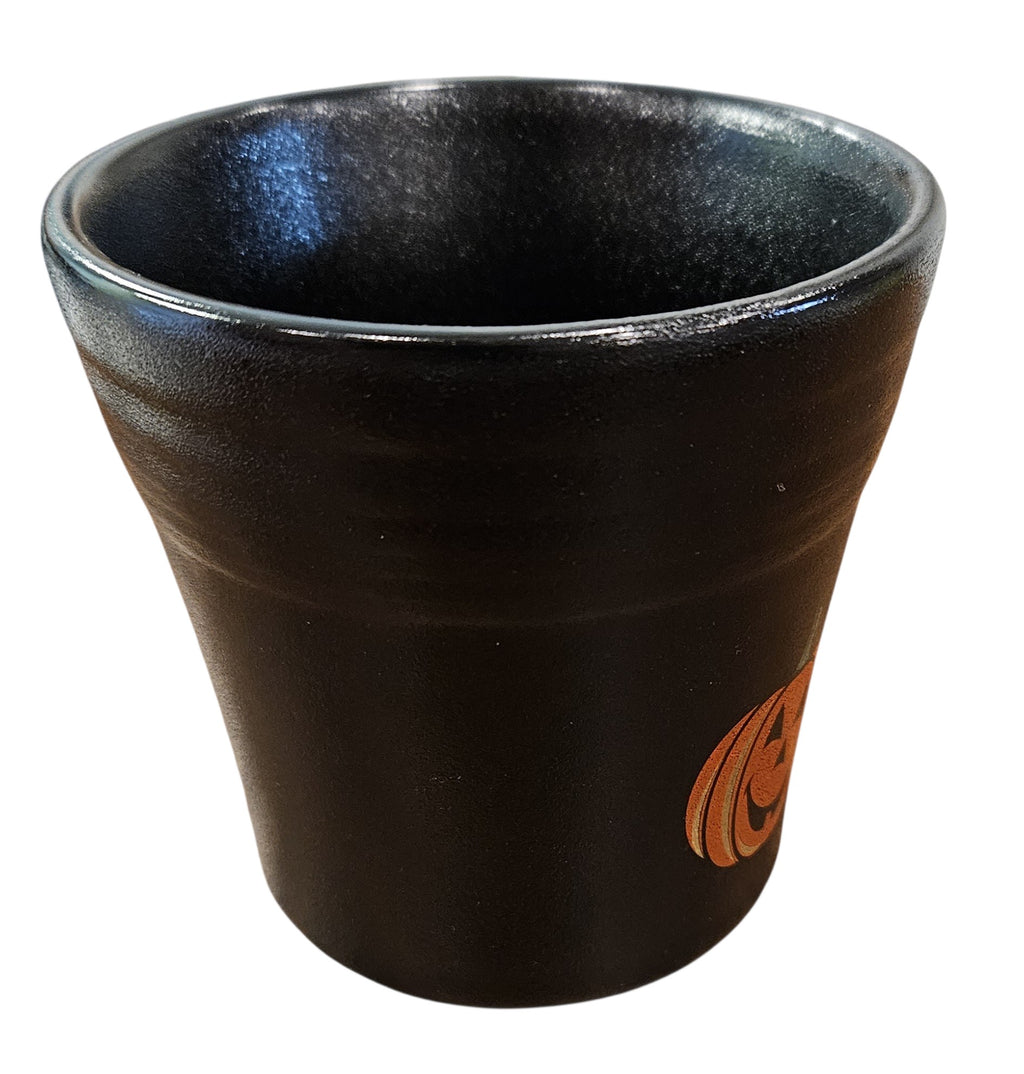 This is Fiesta fiestware Tapered Mug featuring the Trio of Happy Pumpkins decal on black/foundry. Lead free, post 1986, retired decal, limited production color, Halloween
