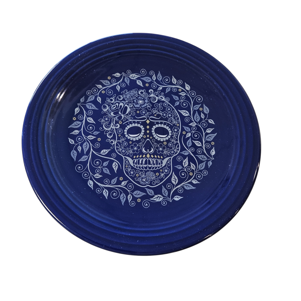 This is Fiesta fiestware Classic Chop Plate featuring the Skull & Vine center decal on twilight. Lead free, post 1986,  retired decal, retired color, Halloween
